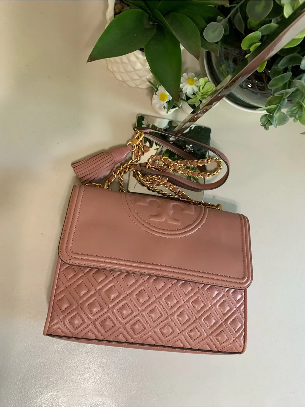 👜💕 Tory Burch Kira Quilted Leather Shoulder Bag — Dusty Rose